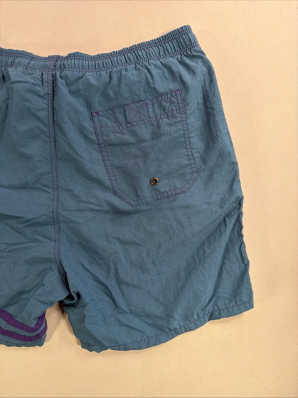 Vintage Men's Teal Elastic-Waist Swim Trunks with Embroidered Logo Patch